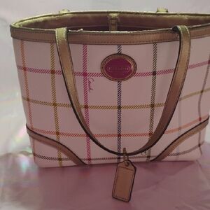 Coach Pink and Gold Tote Bag with Plaid Design